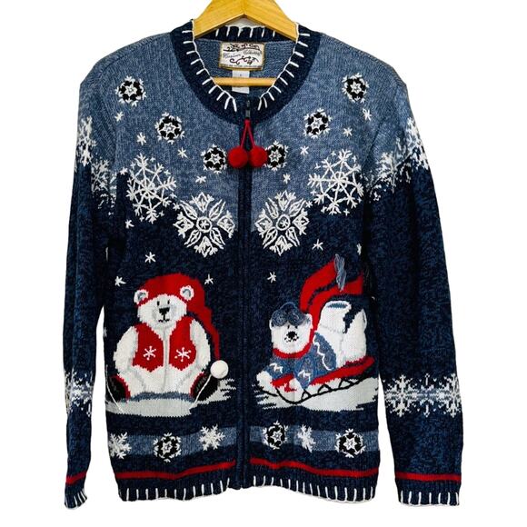 Heirloom Collectibles Polar Bear Winter SnowFlake Cardigan Sweater Blue Size S - Picture 1 of 4